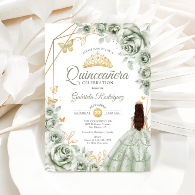 Quinceanera Sage Grönt Dress Blommigt Guld Inbjudningar (Skapare uppladdad)