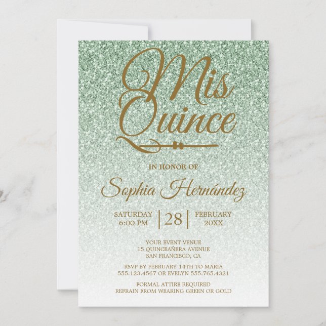 Quinceañera Sage Grönt Glitter 15:e födelsedagen Inbjudningar (Framsida)