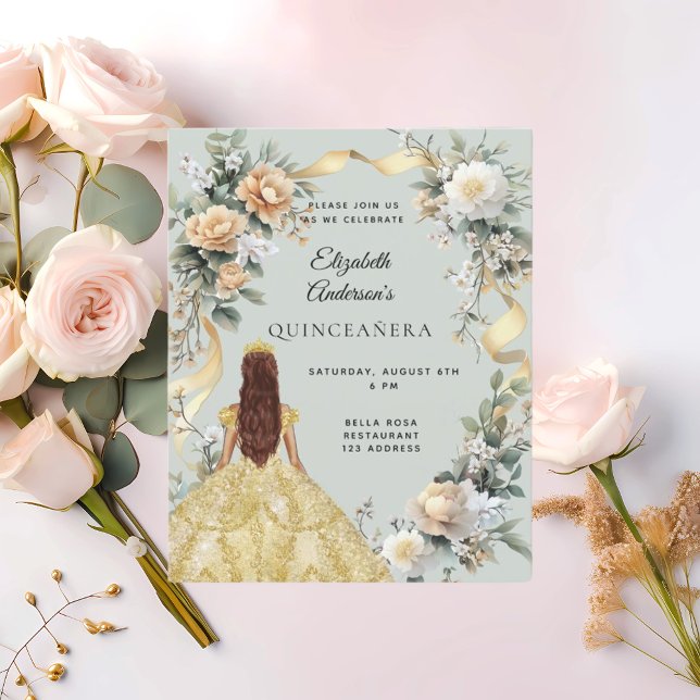 Quinceanera sage grönt guld dress ro inbjudan (Skapare uppladdad)