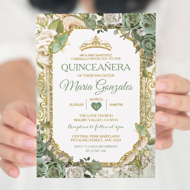 Quinceañera Sage Grönt & Guld Krona Butterfly Inbjudningar (Skapare uppladdad)