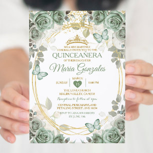 Quinceañera Sage Grönt & Guld Krona Butterfly Inbjudningar