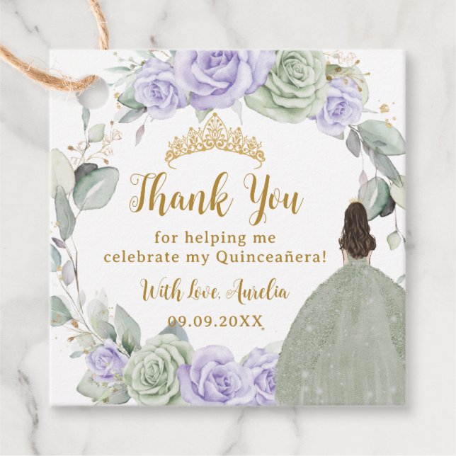 Quinceañera Sage Grönt Lila Lilac Blommigt Guld Gåvor Etiketter (Framsida)