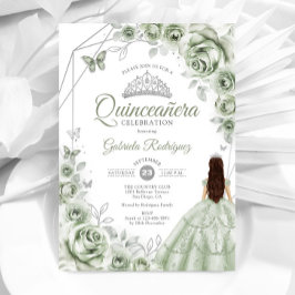 Quinceanera Sage Grönt Silver Dress Blommigt Inbjudningar