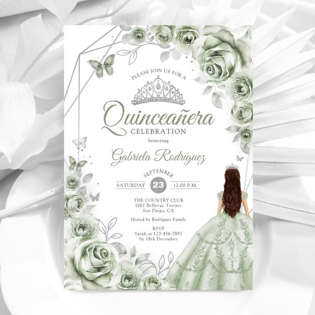 Quinceanera Sage Grönt Silver Dress Blommigt Inbjudningar (Skapare uppladdad)