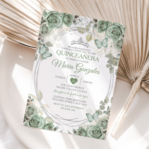 Quinceañera Sage Grönt & Silver Krona Butterfly Inbjudningar