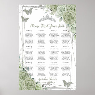 Quinceañera Sagegrön Blommig Silver Sittplatskarta Poster