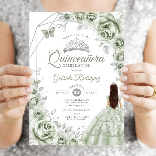 Quinceanera Sagegrön Silverklänning Blommig Inbjudningar