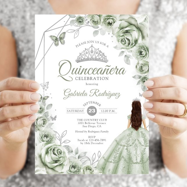 Quinceanera Sagegrön Silverklänning Blommig Inbjudningar (Skapare uppladdad)