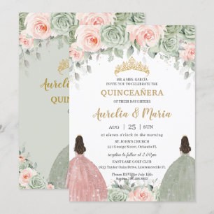 Quinceañera Saggrön Rosa Blommig Guld Tvillingar Inbjudningar