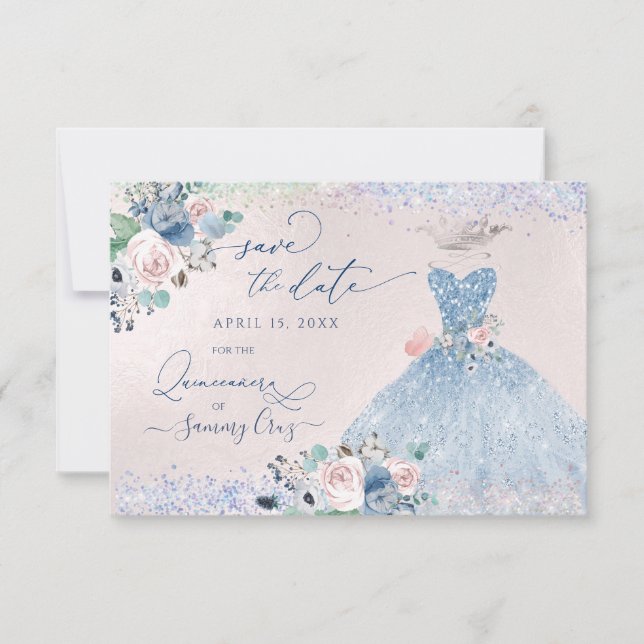 Quinceanera Save Date Dusty Rosa Blue Peonies Inbjudningar (Framsida)