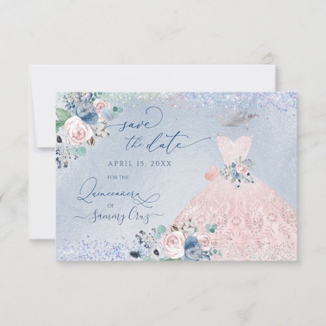 Quinceanera Save Date Dusty Rosa Blue Peonies  Inbjudningar (Framsida)