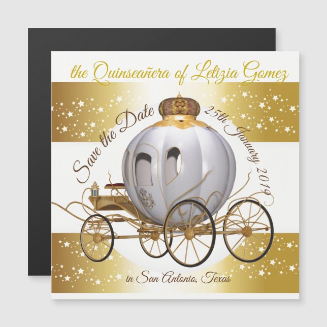 Quinceanera Save Date Guld Princess Carriage Magnetisk Inbjudningskort (Fram/baksida)
