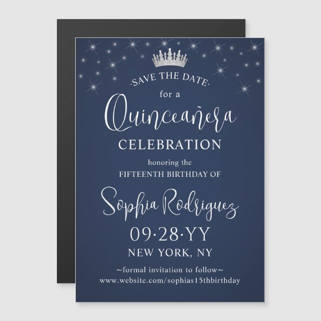 Quinceañera Save the Date Elegant Navy Blue Magnetisk Inbjudningskort (Fram/baksida)