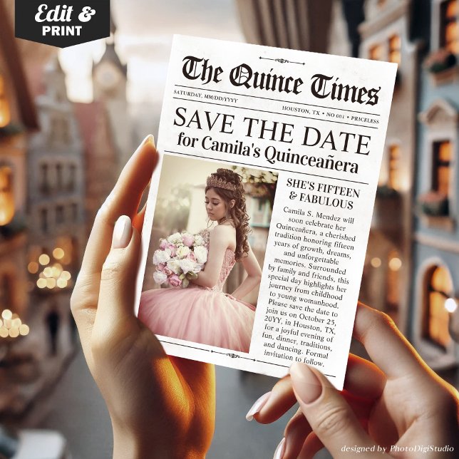 Quinceañera Save the Date, Miss Quince Newspaper Inbjudningar (Quinceañera Save the Date, Miss Quince Newspaper Invitation)