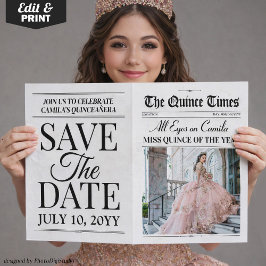 Quinceañera Save the Date Newspaper Photoshoot Kort