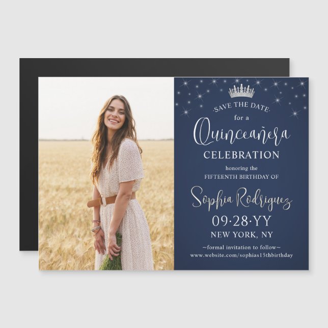 Quinceañera Save the Date Photo Navy Blue Stars Magnetisk Inbjudningskort (Fram/baksida)
