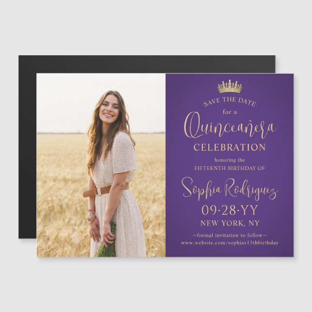 Quinceañera Save the Date Photo Purple and Gold Magnetisk Inbjudningskort (Fram/baksida)