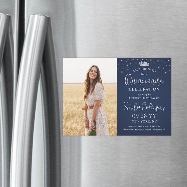 Quinceañera Save the Date Photo & Stars Navy Blue Magnetisk Inbjudningskort (Skapare uppladdad)