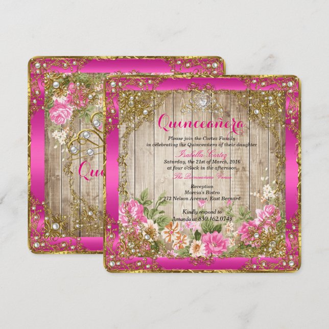 Quinceanera Shock rosa Rustic Wood Blommigt Guld Inbjudningar (Fram/baksida)