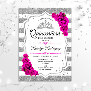Quinceanera - Shock rosa Silver Rand Inbjudningar