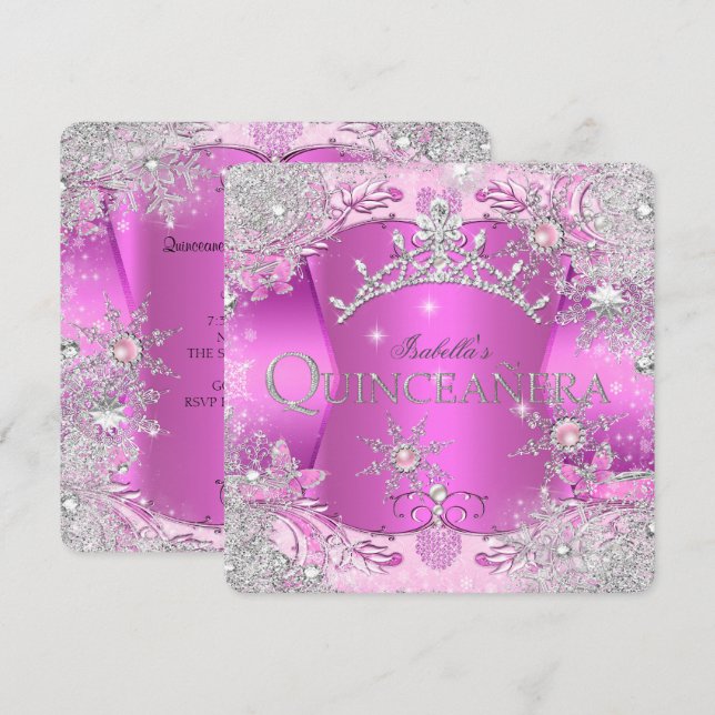 Quinceanera Shock rosa Winter Wonderland Tiara Inbjudningar (Fram/baksida)