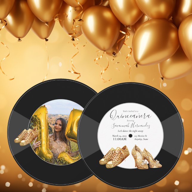 Quinceañera Shoes Vinyl Record Photo Golden Inbjudningar (Skapare uppladdad)