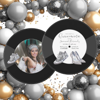 Quinceañera Shoes Vinyl Record Photo Silver Inbjudningar