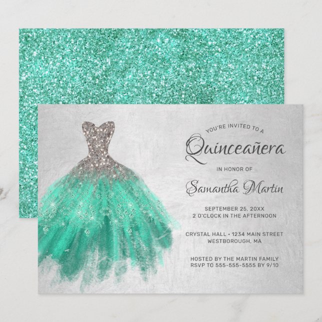 Quinceanera Silver Aqua Dress vid Silver Teal Part Inbjudningar (Fram/baksida)