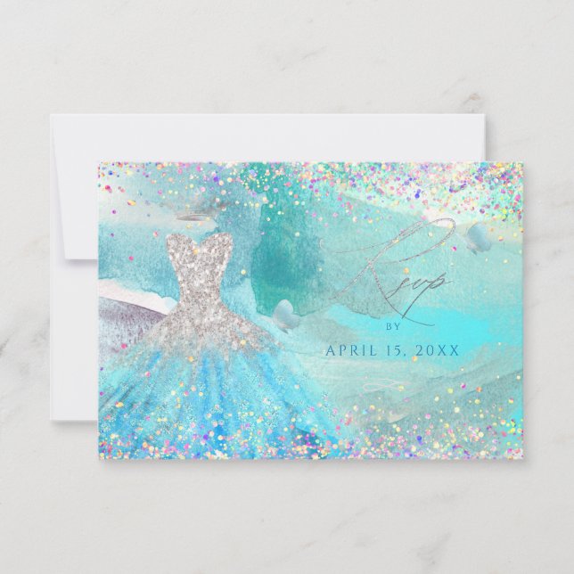 Quinceanera Silver Aqua Glitter Klänning RSVP-kort Inbjudningar (Framsida)