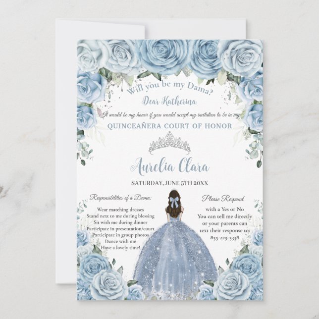 Quinceañera Silver Baby blue Blommigt Dama-begäran Inbjudningar (Framsida)