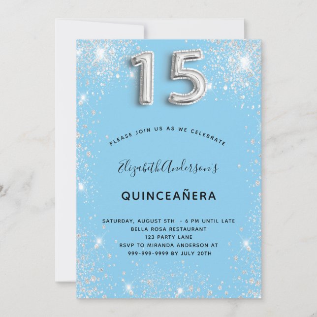Quinceanera silver babyblå glitterdamm inbjudningar (Framsida)