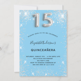 Quinceanera silver babyblå glitterdamm inbjudningar