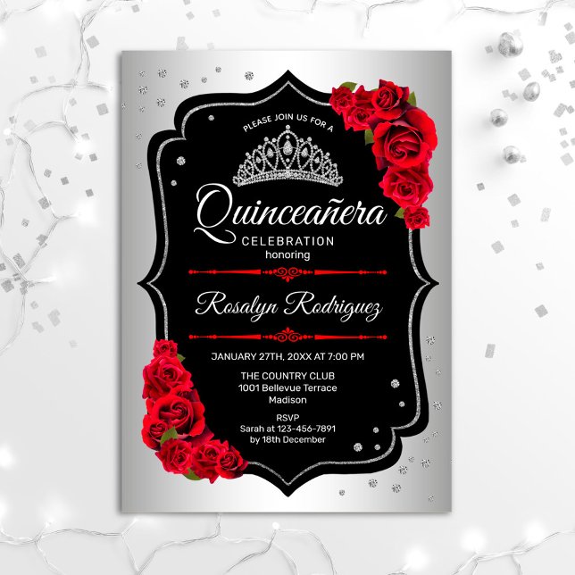 Quinceanera - Silver Black Red Inbjudningar (Skapare uppladdad)