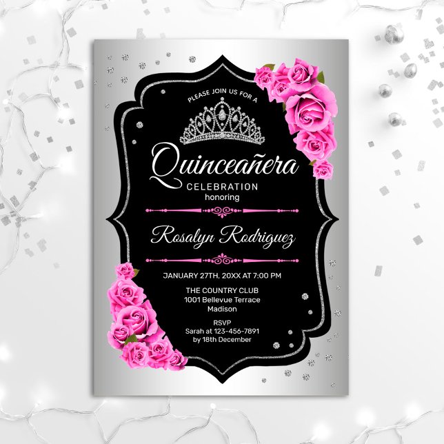 Quinceanera - Silver Black Rosa Inbjudningar (Skapare uppladdad)