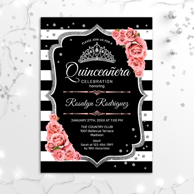Quinceanera - Silver Black  Rosa Inbjudningar (Skapare uppladdad)