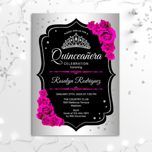 Quinceanera - Silver Black Rosa Inbjudningar (Skapare uppladdad)