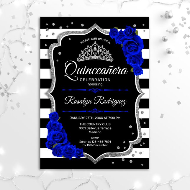 Quinceanera - Silver Black Royal Blue Inbjudningar (Skapare uppladdad)