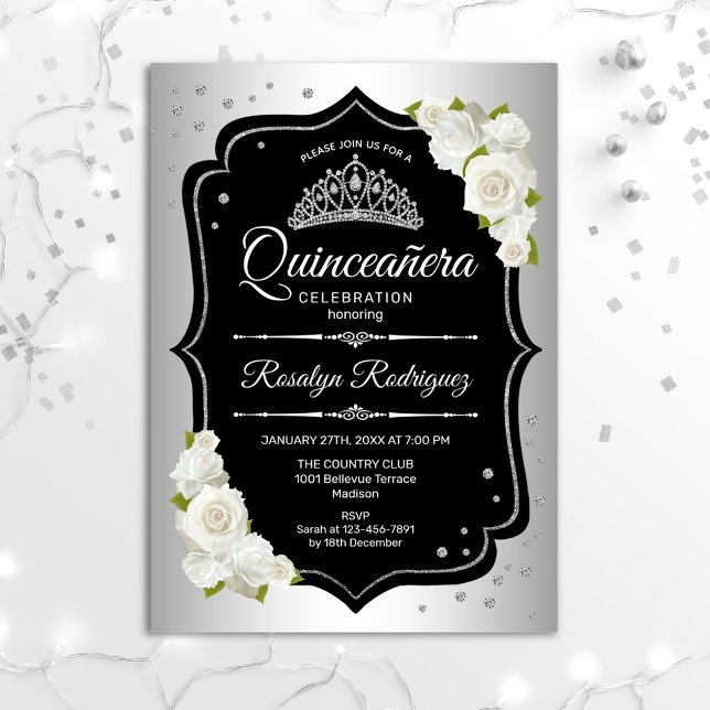 Quinceanera - Silver Black White Inbjudningar (Skapare uppladdad)