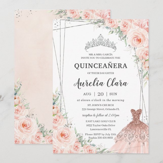 Quinceañera Silver  Blommigt Princess Dress Inbjudningar (Fram/baksida)