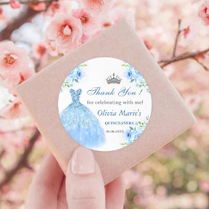 Quinceanera Silver Blue Blommigt Gown Runt Klistermärke