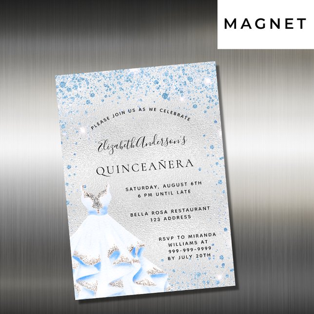 Quinceanera silver Blue dress Kallelse magnet (Skapare uppladdad)