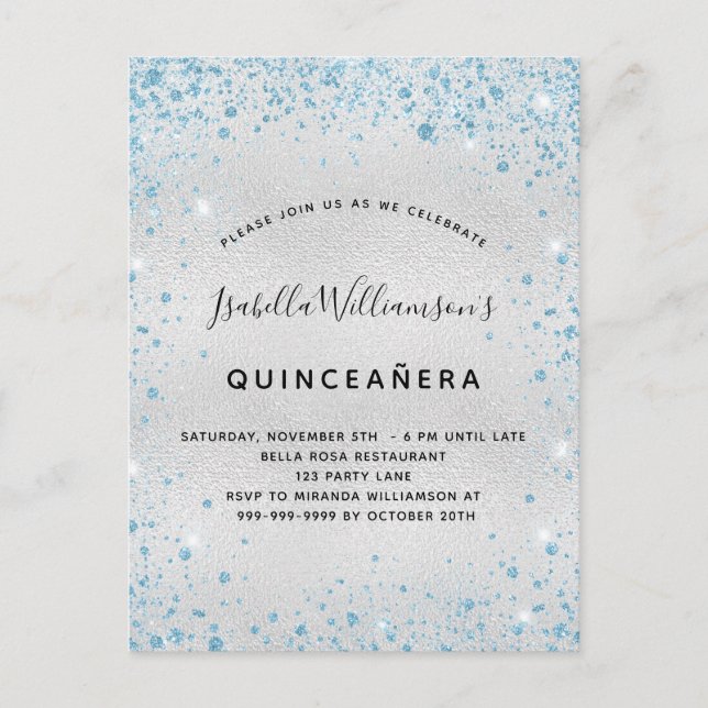 Quinceanera silver blue glitter-damm gnistra inbjudan vykort (Framsida)