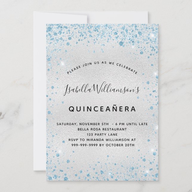 Quinceanera silver blue glitter inbjudningar (Framsida)
