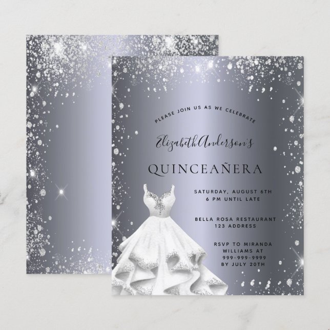 Quinceanera silver dress glitter inbjudan (Fram/baksida)
