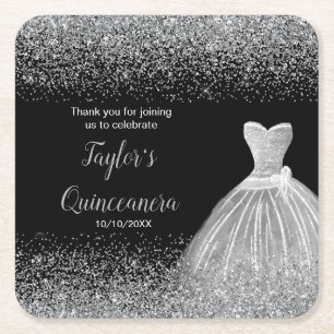 Quinceanera Silver Faux Glitter Underlägg Papper Kvadrat