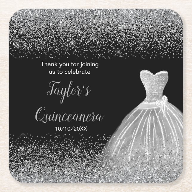 Quinceanera Silver Faux Glitter Underlägg Papper Kvadrat (Framsidan)