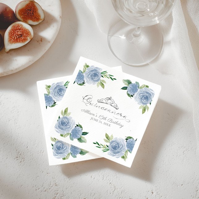 Quinceanera Silver Foil Tiara Light Blue Blommigt Pappersservett (Skapare uppladdad)