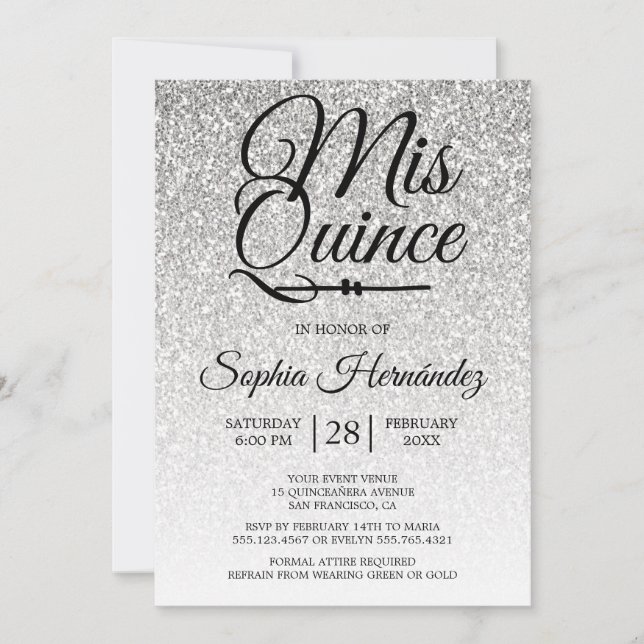 Quinceañera Silver Glitter 15:e födelsedagen Inbjudningar (Framsida)