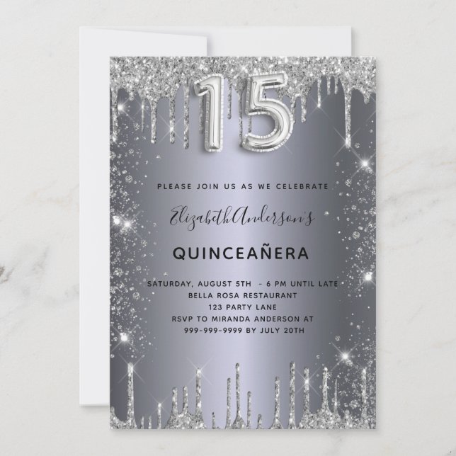 Quinceanera silver glitter droppar inbjudningar (Framsida)