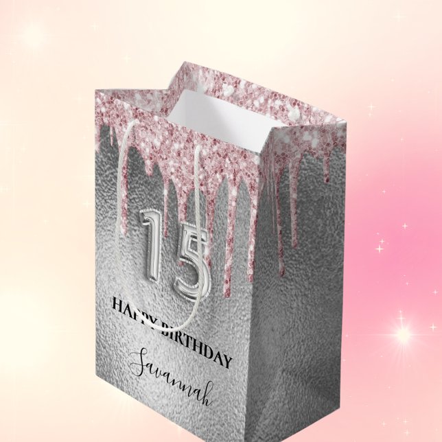 Quinceanera silver glitter droppar rosa monogram (Skapare uppladdad)